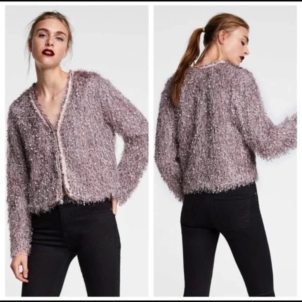 ZARA purple silver grey yarn fringe Jacket-size M-NWOT